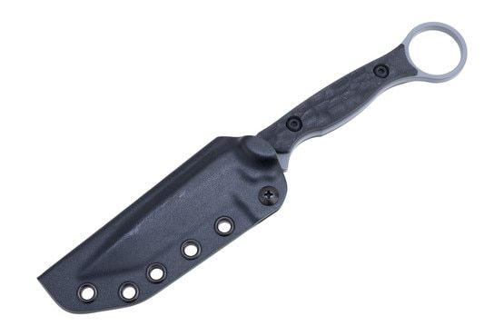 This Tanto point knife features a black kydex sheath.